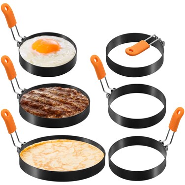 Patelai 6 Pcs Professional Egg Ring Pancake Ring Set Stainless Steel Fried Egg Ring Griddle Pancake Shapers with Silicone Handle for Breakfast Omelette Sandwich(Egg Ring,4 Inch, 6 Inch, 8 Inch)