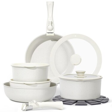 SODAY 15Pcs Pots and Pans Set Non Stick, Cookware Sets with Detachable Handle, Nonstick RV Kitchen Cooking Tools Removable Handles, Oven Safe, Induction Fast, Stackable Induction Cookware, White