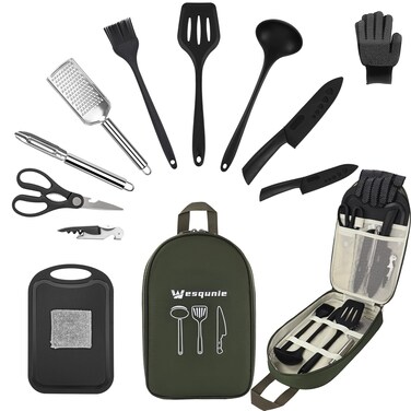 Wesqunie Camping Cooking Cookware Set - Portable Outdoor Kithcen Utensil Kit, Silicone RV Cook Supplies, Camper Gear Must Haves, Camping Essentials Accessories Equipment for RV Picnic Grill