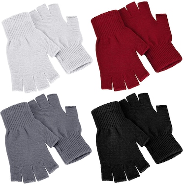 SATINIOR 4 Pairs Winter Half Finger Gloves Knitted Fingerless Mittens Warm Stretchy Gloves for Men and Women (Black, Red, White, Dark Grey)