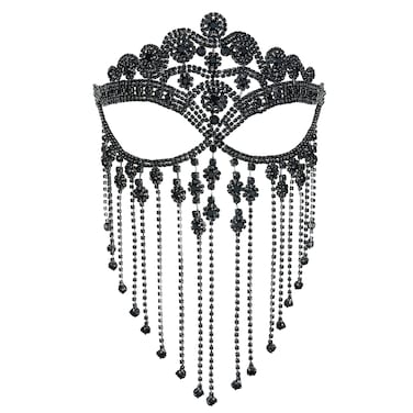 MineSign Masquerade Mask for Women Face Chain Veil Jewelry with Black Rhinestone Tassel Costume Headware for Festival Halloween