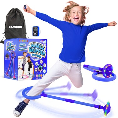 Bambibo Skip It with Counter Original 90s - Blue, Longer Foam Padding   Skip It Toy for Boys with Mesh Bag   Ankle Skip Ball for Kids   Foldable Colorful Flash Wheel   5 6 7 8 9 Year Old Boy Gifts