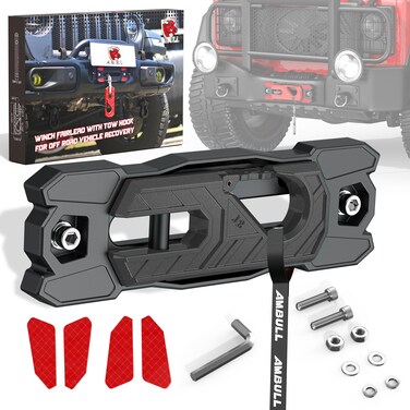 AMBULL Winch Fairlead with Tow Hook, Aluminum Hawse Fairlead with Grade 80 Forged Steel Winch Hook, 33000lb Break Strength Winch Fairlead Hook Set for Off-Road Vehicle Recovery, BlackBlack
