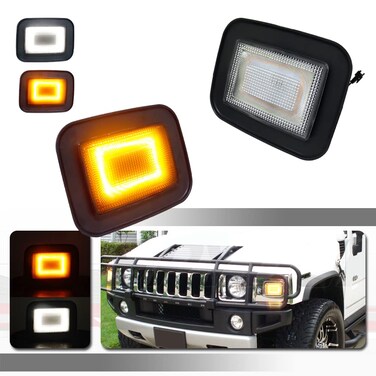 Tonsya Compatible With 2003 2004 2005 2006 2007 2008 2009 Hummer H2 Front Corner Turn Signal Parking Lights &amp; Daytime running lamps 2 IN 1 Clear Lens Amber &amp; White 15060530 15060529