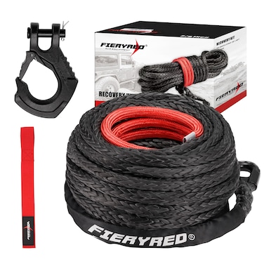 FIERYRED 3/8inch 92FT 23809 LBS Synthetic Winch Rope Cable Kit with Forged Hook and Strap, Winch Line Replacement for 12000-16000LBS Winch 4WD Off-Road Vehicle Jeep Truck SUV
