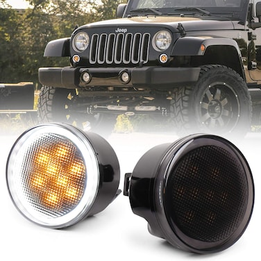 MOVOTOR JK Turn Signal Lights White Halo Amber LED Smoke Lens Front Grille Parking Lights for 2007-2018 Jeep Wrangler JK &amp; JK Unlimited