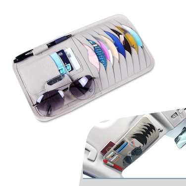 dawfall Car Sun Visor Organizer, Multi-Function Multi-Pocket CD Sunglasses Pen Card Bill Storage Bag, Leather Anti-Scratch Protection Grab and Go Portable Organizer, Universal for Cars Trucks (Gray)