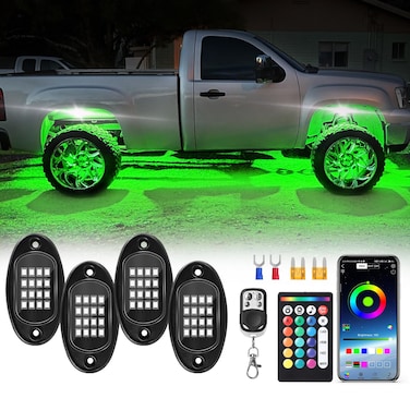 ZONECONA 4Pods RGB LED Rock Lights Kit with APP/RF Remote Control, Car Underglow Lights with Brake Music Mode Multicolor Neon Underbody Lights Waterproof 12V for Trucks Pickup Jeep Golf Cart SXS ATV