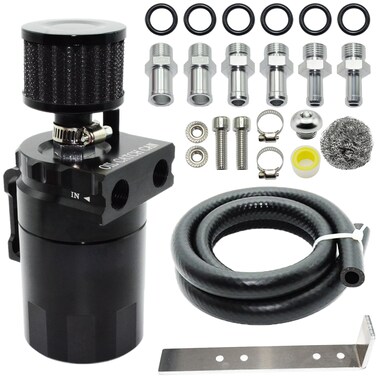 YIEXOVA Oil Catch Can, Oil Separator Collection Tank with baffle oil, 300 ml Universal Aluminum, Oil Reservoir with Breather Filter, with high Pressure Hose, Brackets, Black
