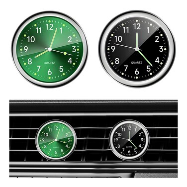 Dickno 2 PCS Stick on Dashboard Car Clock, Mini Tiny Analog Quartz Luminous Air Vent Clocks, Self Adhesive Automotive Vent Clocks Watch, Vehicle Clock for Dashboard Decoration (Black+Green)