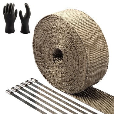 CARDI 2" x 50' Titanium Exhaust Heat Wrap for Motorcycle Heat Shield Tape with 14 Stainless Ties and Gloves