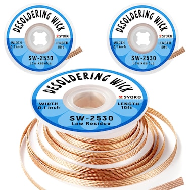 SYOKO 3 Pack Desoldering Wick, Braid Length 10ft/3M Width 2.5mm, No-Clean Solder Remover Wick, Used to Remove the Solder and Disassemble Electronic Components - (SW-2530)