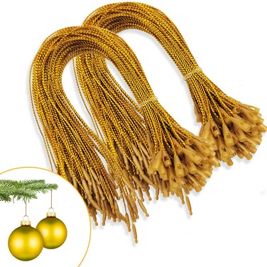 200pcs Christmas Ornaments String Hanger Gold Precut Ribbon Hook for Christmas Tree Ornament Decorations with Snap Fastener