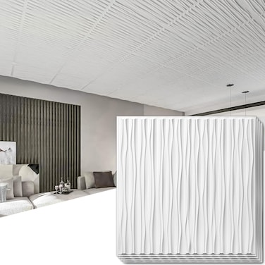 Art3dwallpanels Ceiling Tiles 24 x 24 for Interior Wall D&eacute;cor, 12 Pack Drop Ceiling Tile 3D Wall Panel Fire Rated Waterproof Premium PVC, No Sag and Breakage Wall Panels Cover 48.Sq.Ft. White