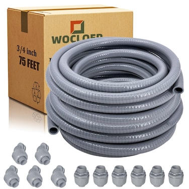Wocloer Liquid-Tight Conduit - 3/4inch 75 Foot Flexible Non Metallic Liquid Tight Electrical Conduit Kit, With 6 Straight and 5 90-Degree Conduit Connector Fittings