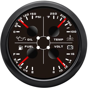 ARTILAURA 4In1 AUTO Gauge Oil Pressure Water Temp 240-33ohm/0-190ohm Fuel Gauge Volt 85mm 3 3/8" Multifunctional Electric Meter for Car Marine Boat (Black)