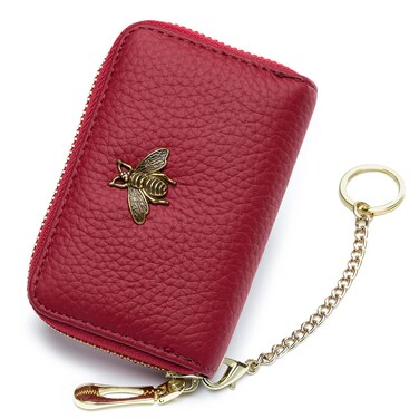 imeetu RFID Credit Card Holder, Small Leather Zipper Card Case Wallet with Keychain and ID Window for Women (Pro,Red)