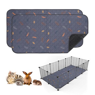 Sunheir 2 Pack Washable Guinea Pig Pee Pads, 24" x 48" Waterproof Reusable Guinea Pig Cage Liners, Absorbent Bedding Training Mat for Small Animal Guinea Pigs Rabbit Bunny Hamster (Leaves - Deep Grey)