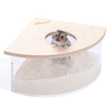 Niteangel Animal Sand-Bath Box: - Acrylic Critter's Sand Bath Shower Room &amp; Digging Sand Container for Hamsters Mice Lemming Gerbils or Other Small Pets (Triangle, Birch-Wood)