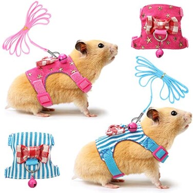 SATINIOR 2 Pieces Small Hamster Harness and Leash Set, Guinea Pig Clothes with Bowknot Bell and Bell Decor, No Pulling Comfort Padded Vest Striped for Guinea Pig Hamster Ferret Rats