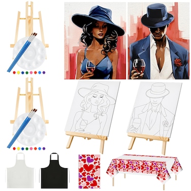 Yeaqee 13 Pcs Sip and Paint Kit Valentines Couple Painting Kit Supplies Canvas Painting Art Painting Set Pre Drawn Blank Stretch Canvas Kit for Couple Date Night Party (Elite Couple,8x10)