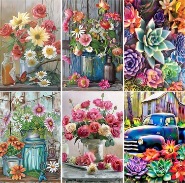 EWJRNSF 5D Diamond Painting Kits for Adults, Diamond Arts Kits Diamond Art Sets,Gem Painting by Number Kits for Adults Beginners Home Wall Decor 11.8x15.7 Inches 6 Pack Succulent Flowers