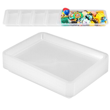 Zonon 12 Pcs Plastic Art Trays 13.4" x 9.8" x 1" Colorful Art Trays, Kids Toy Stackable Activity Trays Office Storage Container for Home and Classroom, Self Adhesive Label Included (Clear Colors)