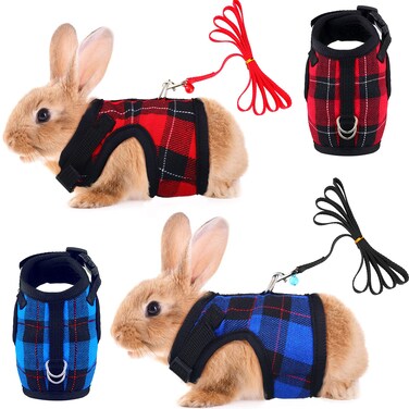 2 Pieces Guinea Pig Harness and Leash Plaid Hamster Harness with Safety Bell Adjustable Ferret Harness and Leash Set No Pulling Walking Vest for Ferret Chinchilla and Similar Small Animals (M)