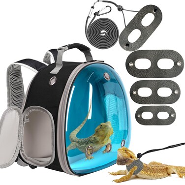 Guinea Pig Carrier,Guinea Pig Carrier for 2,Reptile Travel Carrier for Lizards Sugar Glider Hedgehog Rat Parrot Birds (Black-Blue, Backpack+Harness Leash)