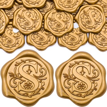 SWANGSA 50 Pack Letter S Wax Seal Stickers, Antique Gold Initial Alphabet Self-Adhesive Wax Stickers, Wedding Party Invitation Envelope Wax Seal Stickers