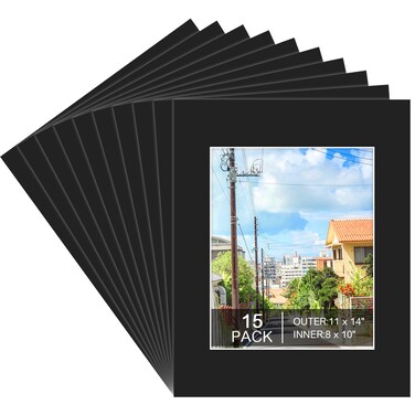 15 Pack 11x14 Black Picture Mats, Frame Mattes for 8 x10 Pictures Display Photo Frame Mat Core Bevel Cut Mat Board Show Kit for Photos, Prints, Artworks
