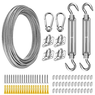 FZENeast Shade Sail Hardware Kit with 50 FT Cable Wire Rope,&ensp;Anti-Rust Stainless Steel Stainless Steel Sun Shade Hardware Kit for Rectangle Square Triangle Shade Sail Installation(66 PCS)