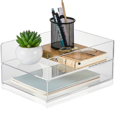 Yulejo 2 Pcs Acrylic Desk Organizers and Accessories Tier Paper File Organizer Tray Stackable Document Clear Desk Accessories for Office Workspace Organization (12.01 x 9.25 x 2.68 Inch)