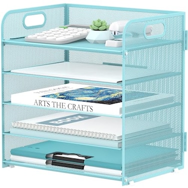 Supeasy 5 Trays Paper Organizer Letter Tray with Handle-Mesh Desk File Organizer, Paper Sorter Desk Organizer for Office, Home or School (Light Blue)