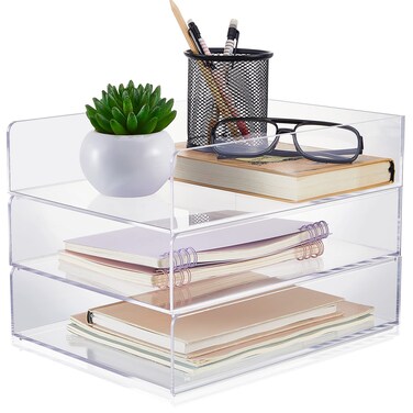 Yulejo Acrylic Desk Organizers and Accessories Tier Paper File Organizer Tray Stackable Document Clear Desk Accessories for Office Workspace Organization (12.01 x 9.25 x 2.68 Inch)