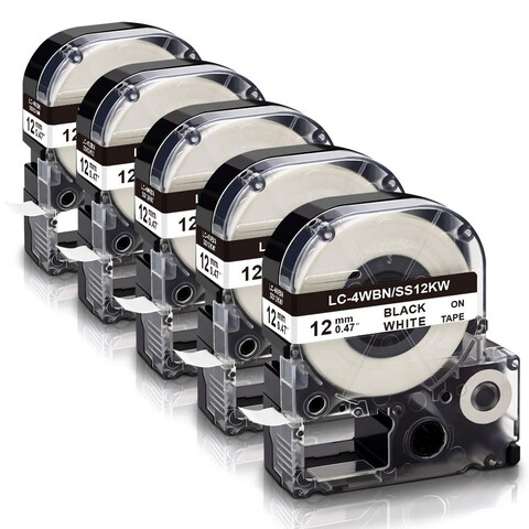 Absonic Compatible for Epson Label Maker Tape LK-4WBN LC-4WBN LC 4WBN9 SS12KW 12mm 1/2&quot; Black on White 0.47&quot; Label Tape Work for Epson LabelWorks LW300 LW400 LW500 LW700 LW-K200PX Label Maker, 5-Pack