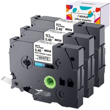 Hehua Compatible Heat Shrink Label Tape Replacement for Brother Tube Label HSe-231 HSe231 HS-231 HS231 Black on White Use in PT-E300 PT-E500 PT-P750WVP (0.46''x 4.92ft, 11.7mm x 1.5m, 3 Pack)