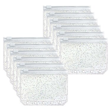 Mogoostry A8 Binder Pockets Clear Zipper Pocket 5 Holes Binder Pouches 12pcs Clear Glitter Binder Pockets with Zipper Mini Cash Envelopes Coin Pouch