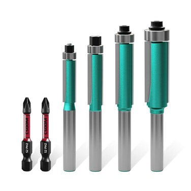 CSOOM 4PCS Flush Trim Router Bits 1/4 Shank, Top Bearing Flush Trim Cut Router Bits Set, Cutting Length: 3/4", 1-1/64", 1-3/16", 1-3/16