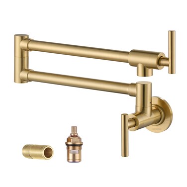 WOWOW Pot Filler Faucet Brushed Gold Commercial Wall Mount Stove Faucet, Brass Pot Filler Folding Faucet Over Stove, Kitchen Pot Faucet with Double Joint Swing Arms