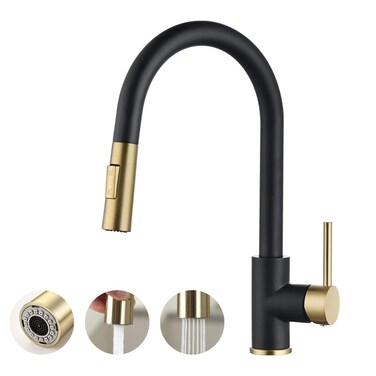 Havin Gold and Black Kitchen Faucet with Pull Down Sprayer, High Arc Stainless Steel Material, with cUPC Ceramic Cartridge,Without Deck Plate,Fit for 1 Hole Kitchen Sink or Laundry Sink