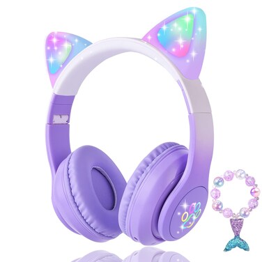KORABA Cat Ear Kids Headphones Bluetooth, LED Light up Wireless/Wired Mode Over Ear Headphones with Build in Microphone for School/Travel (Purple)