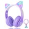 KORABA Cat Ear Kids Headphones Bluetooth, LED Light up Wireless/Wired Mode Over Ear Headphones with Build in Microphone for School/Travel (Purple)