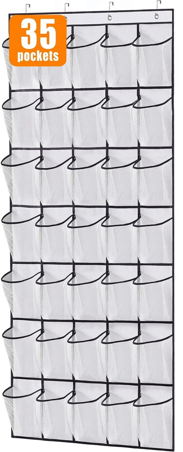 MISSLO 35 Large Pockets Over The Door Shoe Organizer Sturdy Oxford Fabric Hanging Shoe Rack for Door Mesh Closet Shoe Holder Hanger, White