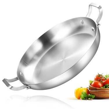 Inqibee 12-Inch Tri-Ply Stainless Steel Paella Pan,Omelet Pan,Large Skillet,Griddle Pan,Stir-Fry Pan,Jumbo Cooker,Induction Cooking Pan,Dishwasher and Oven Safe.