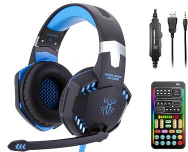 sktome Gaming Voice Changer Headset with Mic, Cool LED Light Over-Ear Headphones with Volume Control, Noise Reduction Voice Changer Gaming Headset for PS4/PS5/Xbox One/PC/Phone/Laptops(Blue)