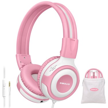 SIMOLIO Wired Headphones for Kids with Mic &amp; Share Port, 75dB/85dB/94dB Volume Limit Children Headphone with Portable Bag for School/Travel, Stereo Sound, Tangle-Free Cord (Pink&amp;White)