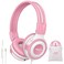 SIMOLIO Wired Headphones for Kids with Mic &amp; Share Port, 75dB/85dB/94dB Volume Limit Children Headphone with Portable Bag for School/Travel, Stereo Sound, Tangle-Free Cord (Pink&amp;White)