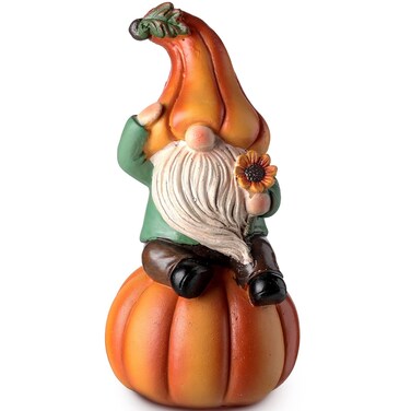 Jetec Fall Gnome Statue Fall Pumpkin Gnome Decoration White Beard Figurine Autumn Resin Dwarf Elf Statue for Porch Garden Outdoor Yard Halloween Thanksgiving Decorations, 6.7 Inch High