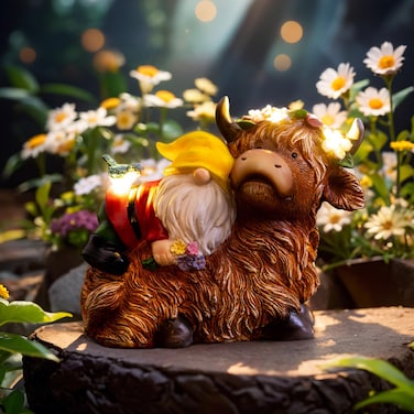 twinbling Garden Gnome Statue - Highland Cow with Solar Flower LED Lights and Bird - Funny Outdoor Decor for Table, Patio, Lawn - Unique Birthday Gifts for Mom, Women, and Christmas Decorations